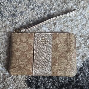 Coach Khaki and Metallic Rose Gold Signature Wristlet